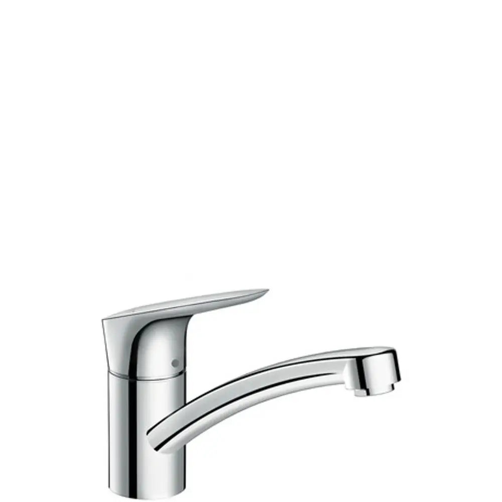 Ein chromfarbener Spültischmischer von Hansgrohe mit einer langen, gebogenen Auslaufarmatur und einem ergonomischen Hebel für die Wasserregulierung.
